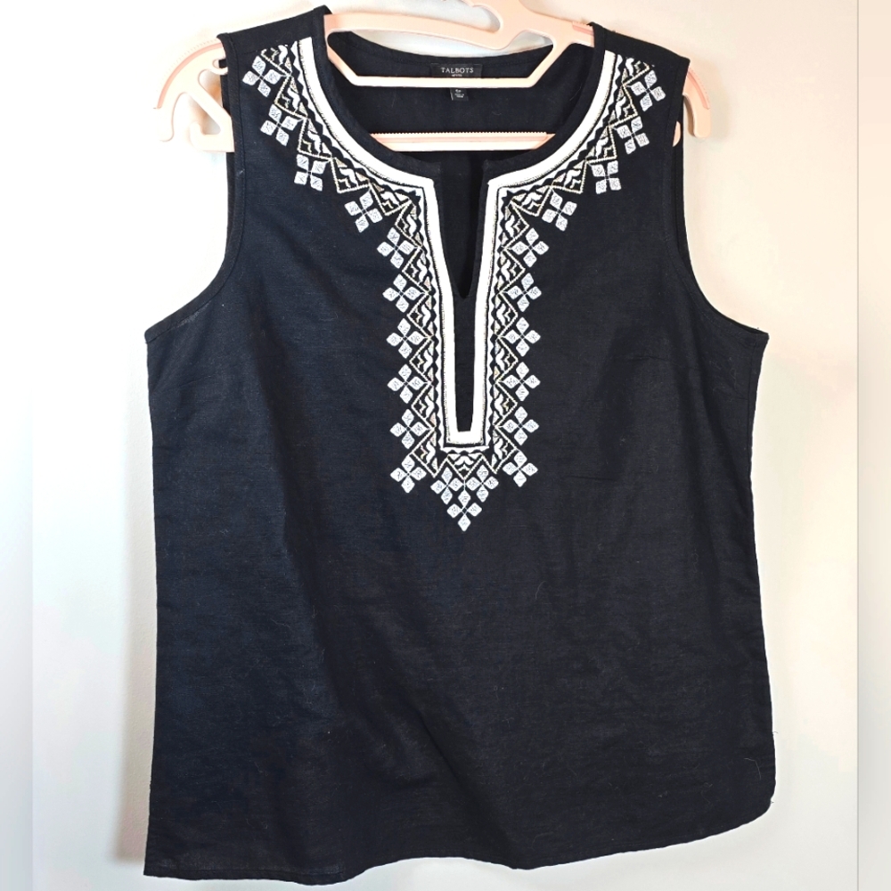 Talbots Linen Blend Black Shirt Sleeveless Embroidered Geometric Blouse Size 6P